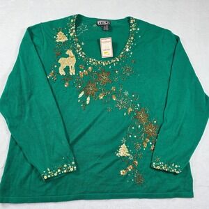Vintage Berek Christmas Sweater Green‎ 3X Beaded Sequin Deer Tree Y2K NWT